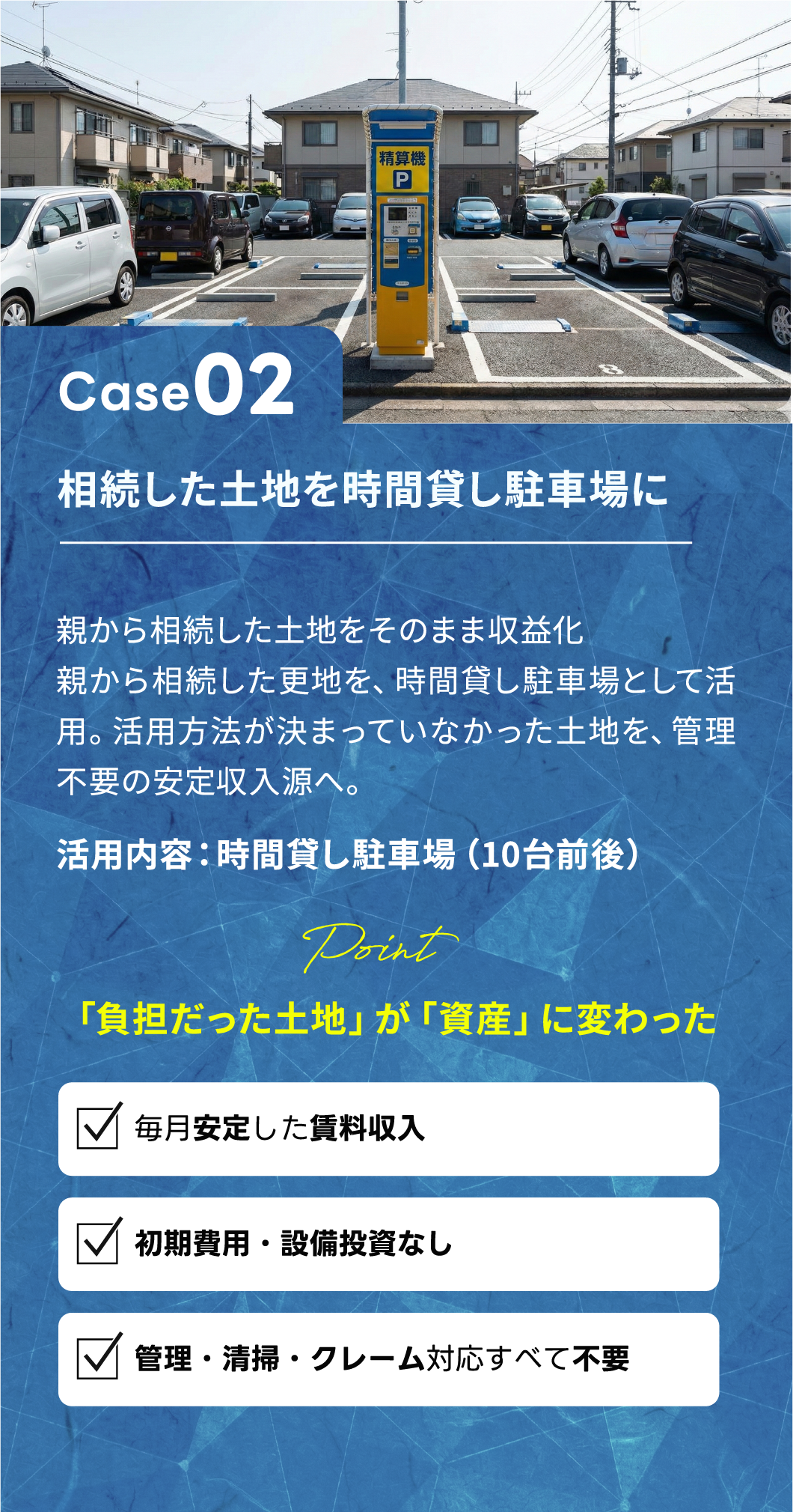 導入事例 Case 02 相続した土地を時間貸し駐車場に